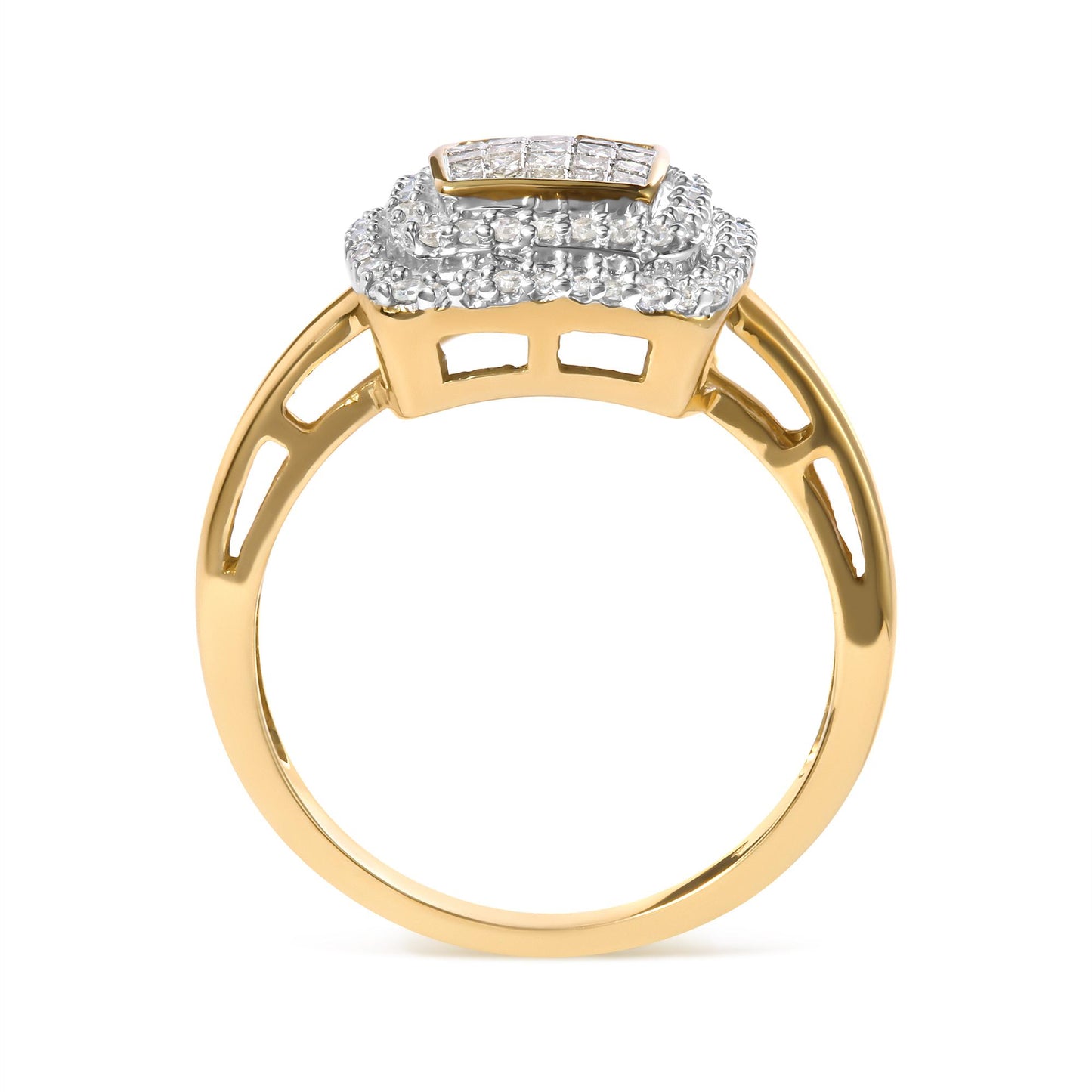 Yellow metal ring shown from the side with a rectangular cluster of white round gemstones in pave setting surrounding white princess gemstones in invisible setting on top.