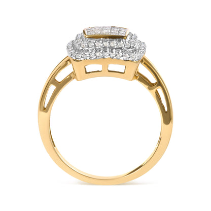 Yellow metal ring shown from the side with a rectangular cluster of white round gemstones in pave setting surrounding white princess gemstones in invisible setting on top.