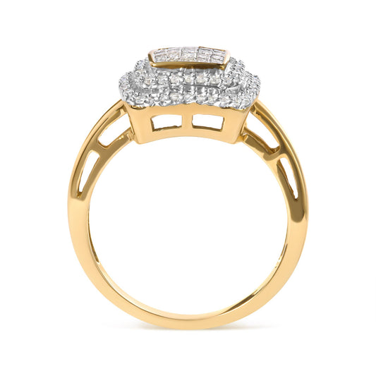 Yellow metal ring shown from the side with a rectangular cluster of white round gemstones in pave setting surrounding white princess gemstones in invisible setting on top.