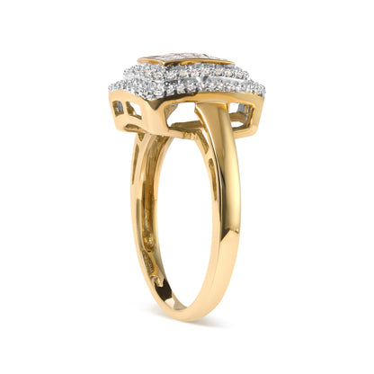 Side view of a yellow metal ring featuring a raised square cluster of white round pave-set gemstones surrounding white princess invisible-set gemstones.