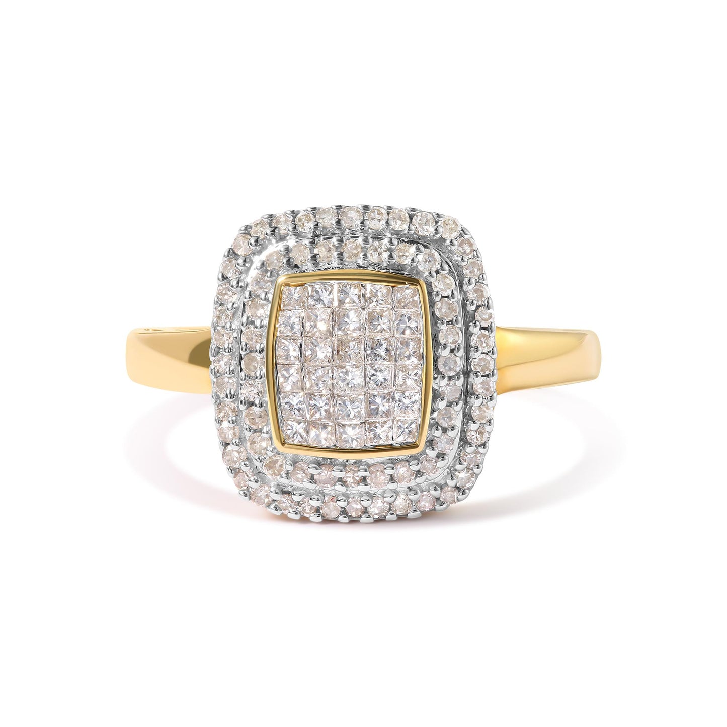 Front angle view of a yellow metal ring featuring a square cluster of princess-shaped white gemstones in an invisible setting, surrounded by two rows of round-shaped white gemstones in a pave setting.