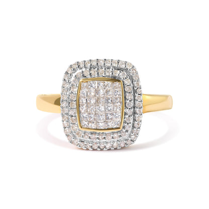 Front angle view of a yellow metal ring featuring a square cluster of princess-shaped white gemstones in an invisible setting, surrounded by two rows of round-shaped white gemstones in a pave setting.