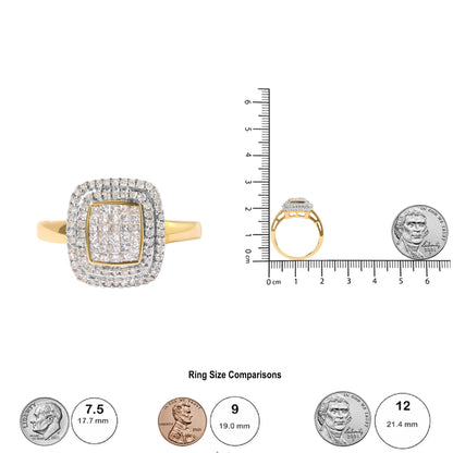 Front and side view of a yellow metal ring with round white gemstones in pave setting surrounding a cluster of princess-shaped white gemstones in invisible setting, shown next to a ruler and coins for size reference.