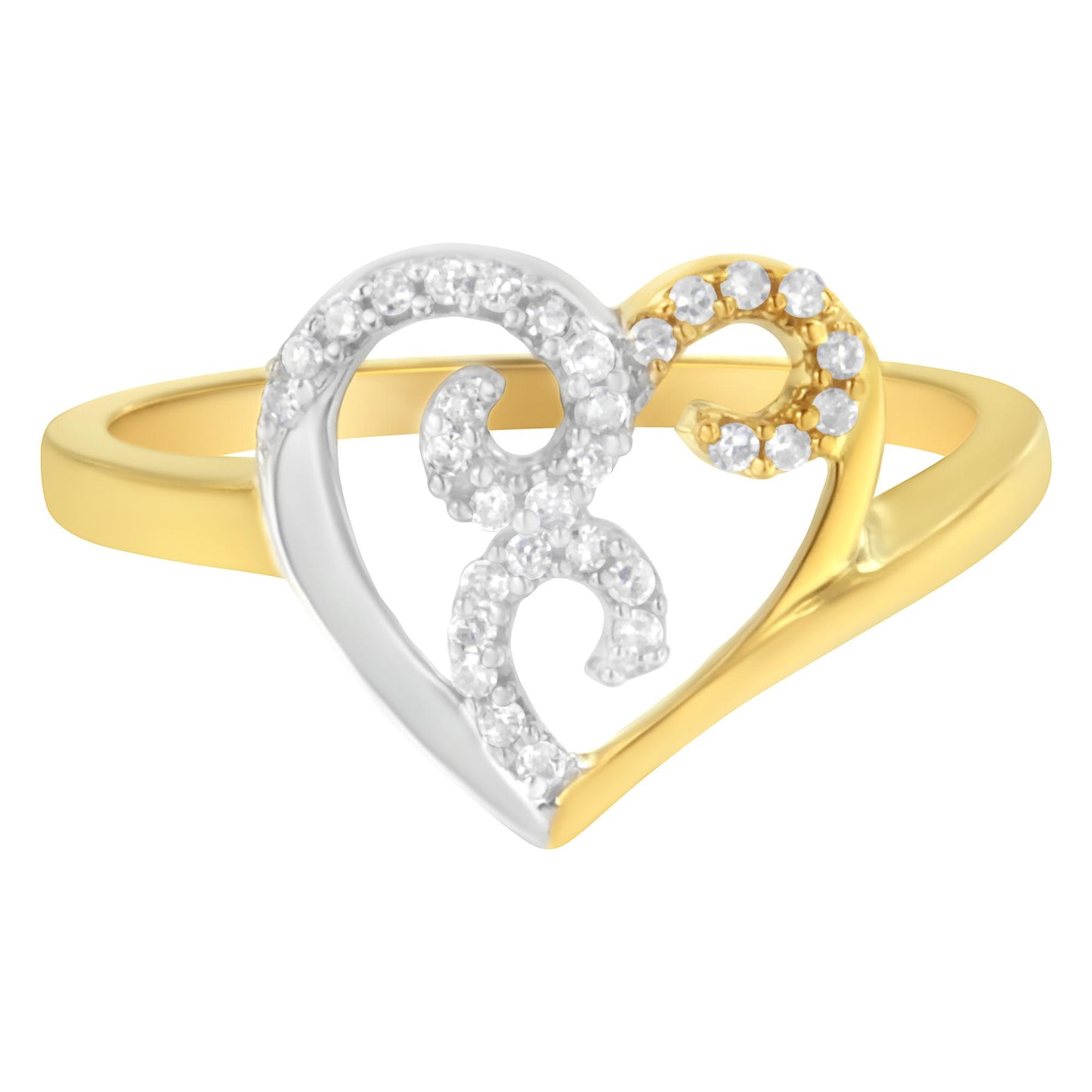 Close-up front angle of a heart-shaped ring with yellow and white metal featuring round white gemstones in a prong setting.