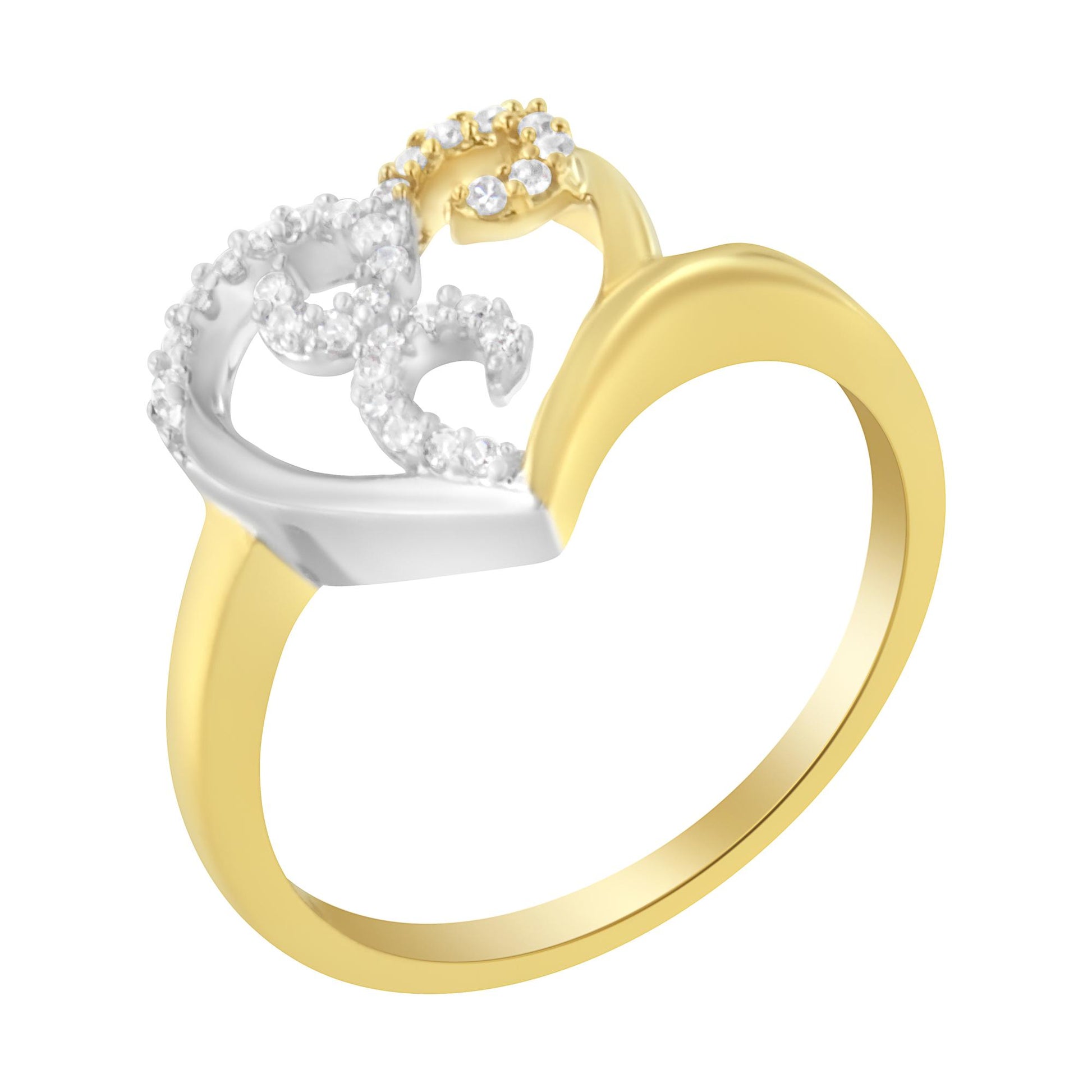 Close-up side angle of a two-tone ring featuring yellow metal band and white metal heart-shaped design adorned with small round white gemstones in prong settings.