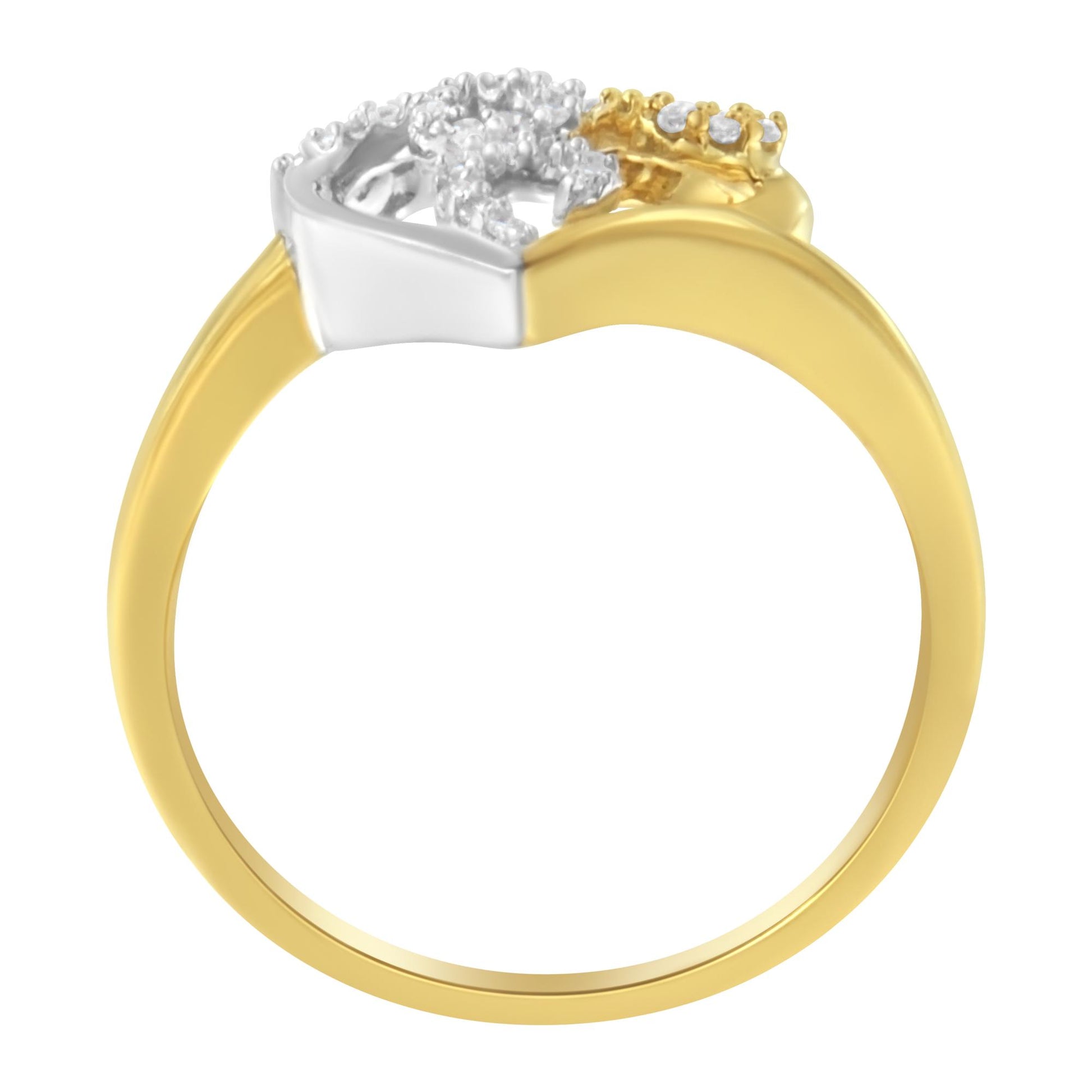 Front-facing view of a two-tone ring with yellow and white metal, featuring clusters of round white gemstones in prong settings.