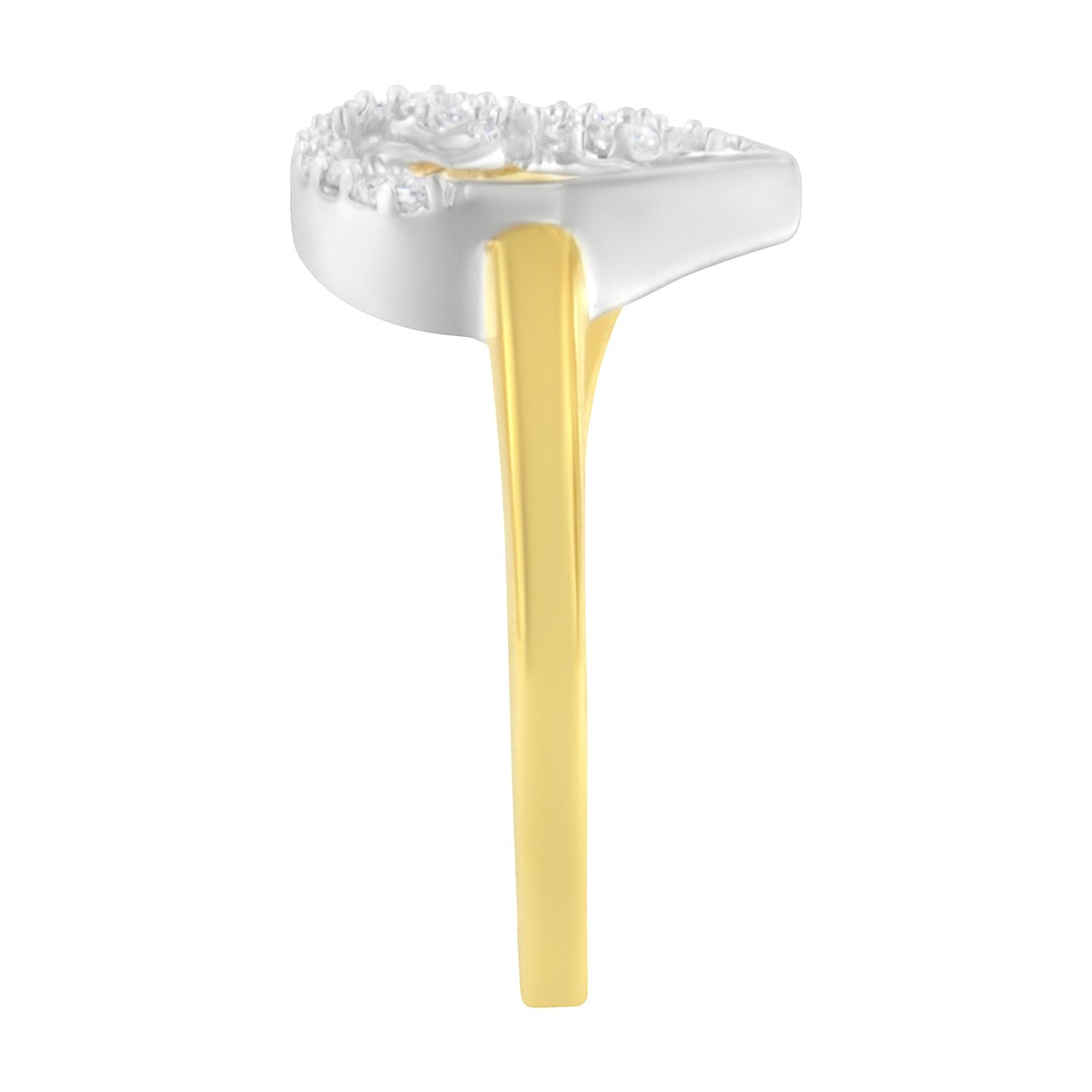 Side angle view of a ring with a yellow band and white top featuring multiple round white gemstones in a prong setting.