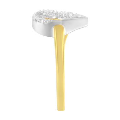 Side angle view of a ring with a yellow band and white top featuring multiple round white gemstones in a prong setting.