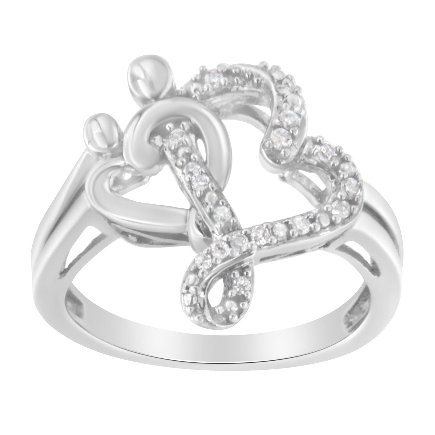 White metal ring with an intricate swirl design accented with small white gemstones, shown in a close-up front angle.
