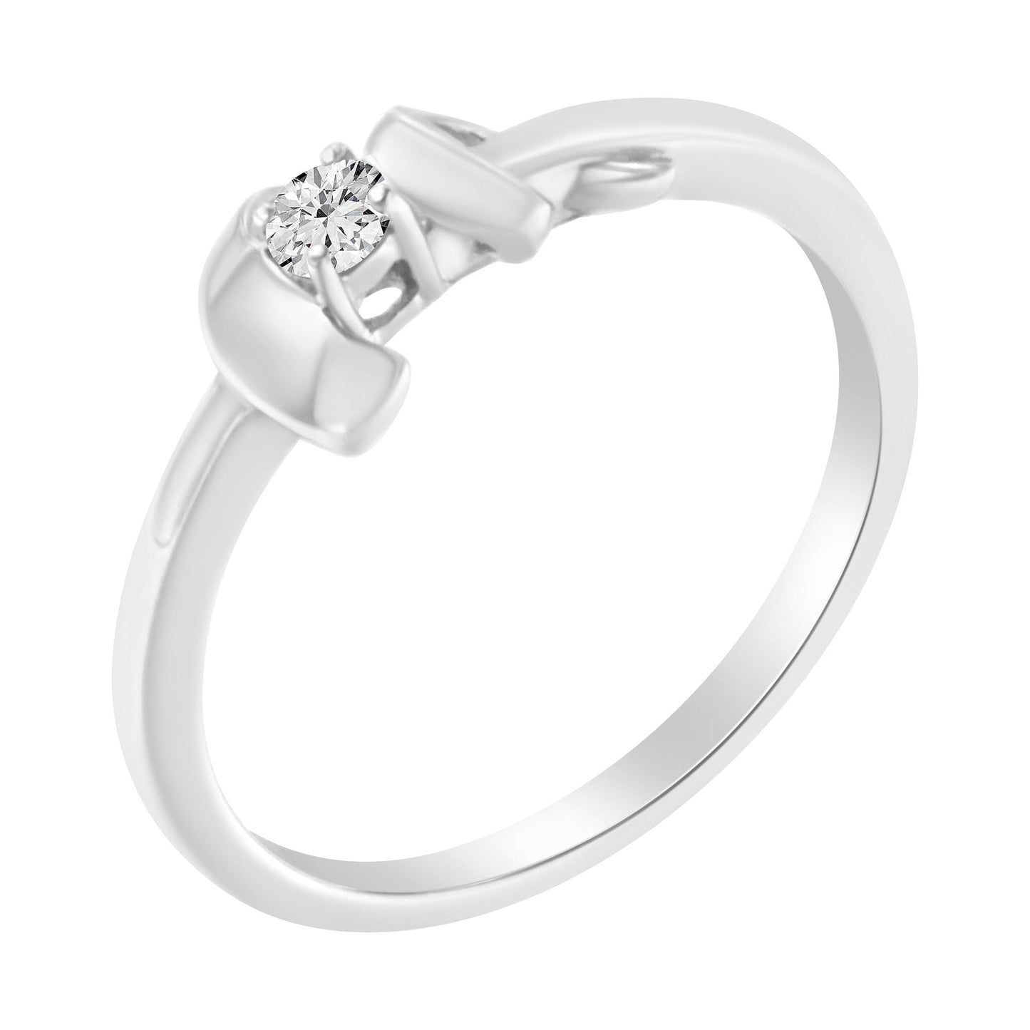 White metal ring with a single round white gemstone in prong setting viewed from an angled top side.
