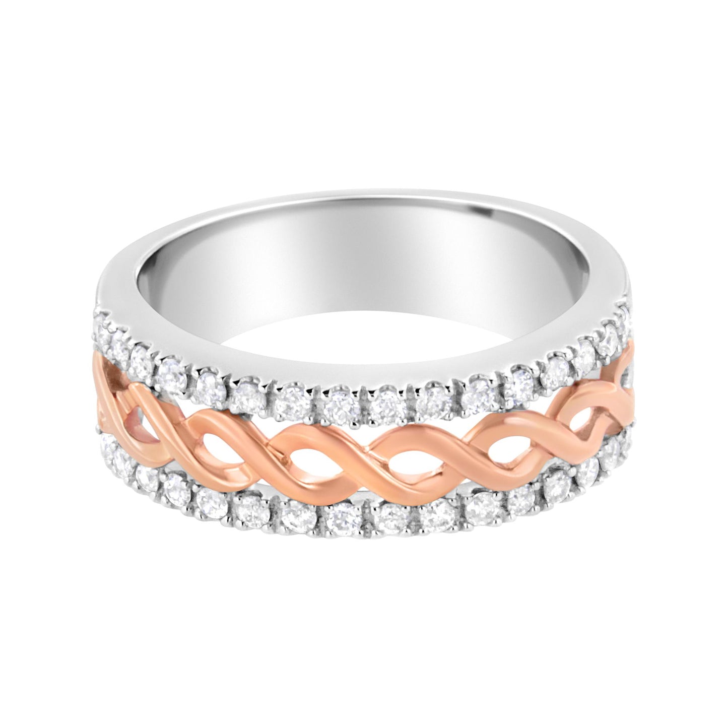 Close-up front angle of a white and rose metal ring with a twisted rose metal band in the center surrounded by two rows of round white gemstones in prong settings.