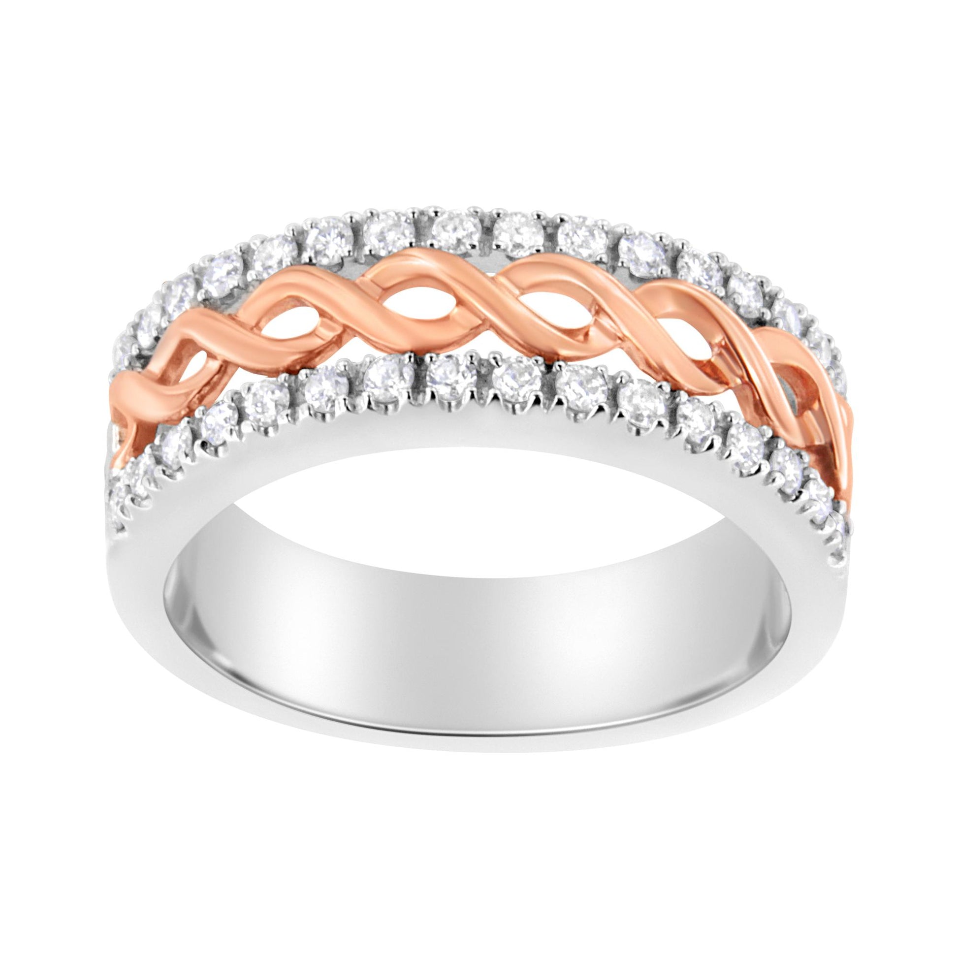 Close-up front angle of a two-tone ring featuring a rose-colored twisted band in the center, flanked by two rows of white round gemstones in prong settings on a white band.