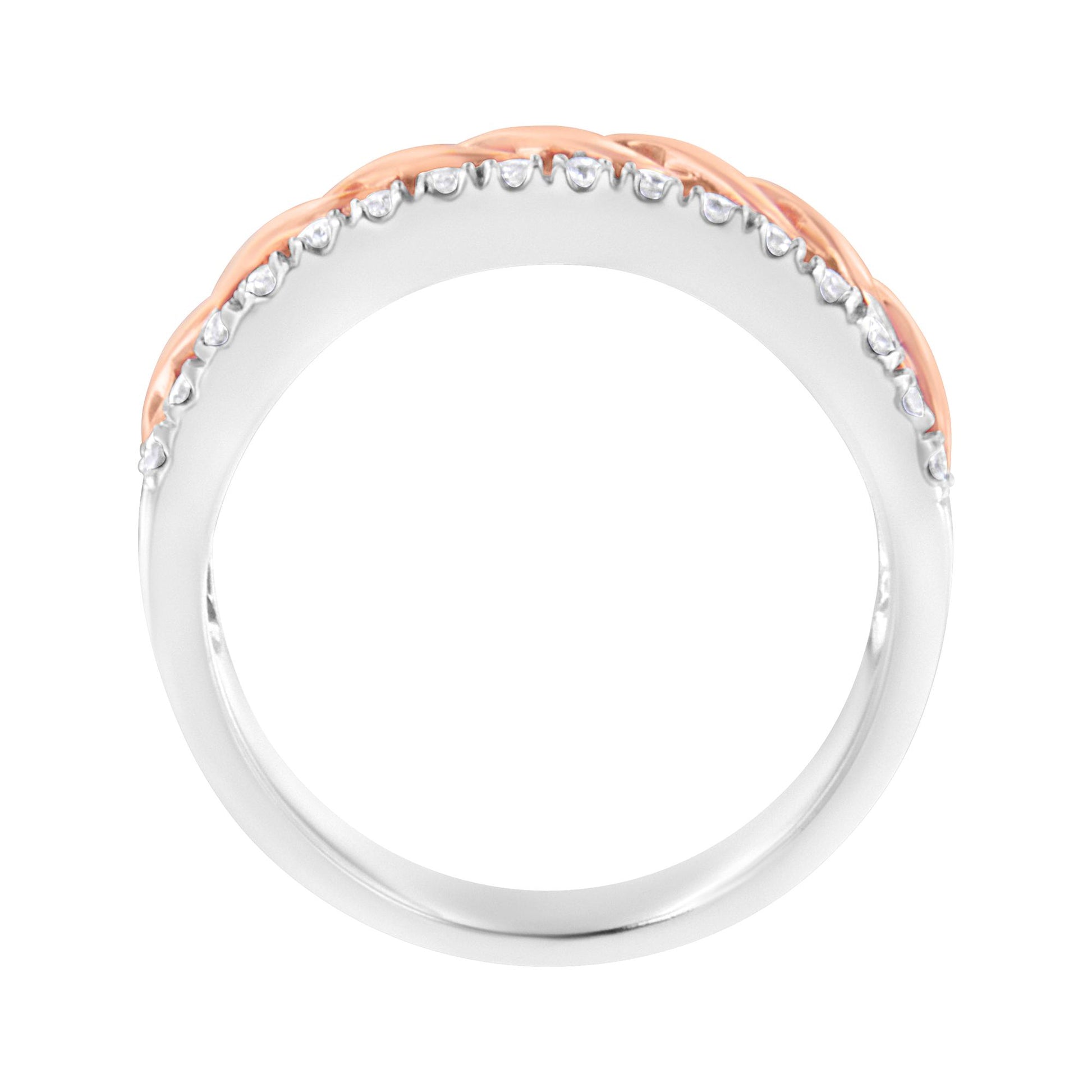 Close-up front view of a two-tone ring with white and rose metal, featuring round white gemstones in prong settings along the top edge.