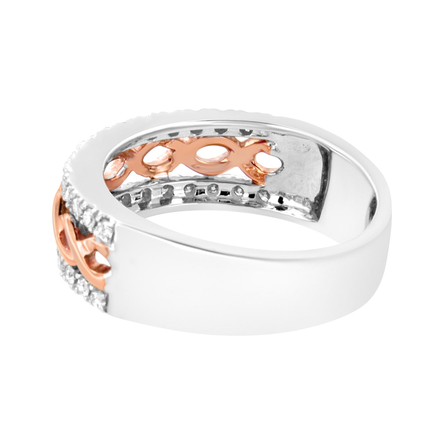 Close-up side angle of a two-tone band ring with white and rose metal, featuring round white gemstones in a prong setting along the outer edge and rose metal cut-out details along the inner band.