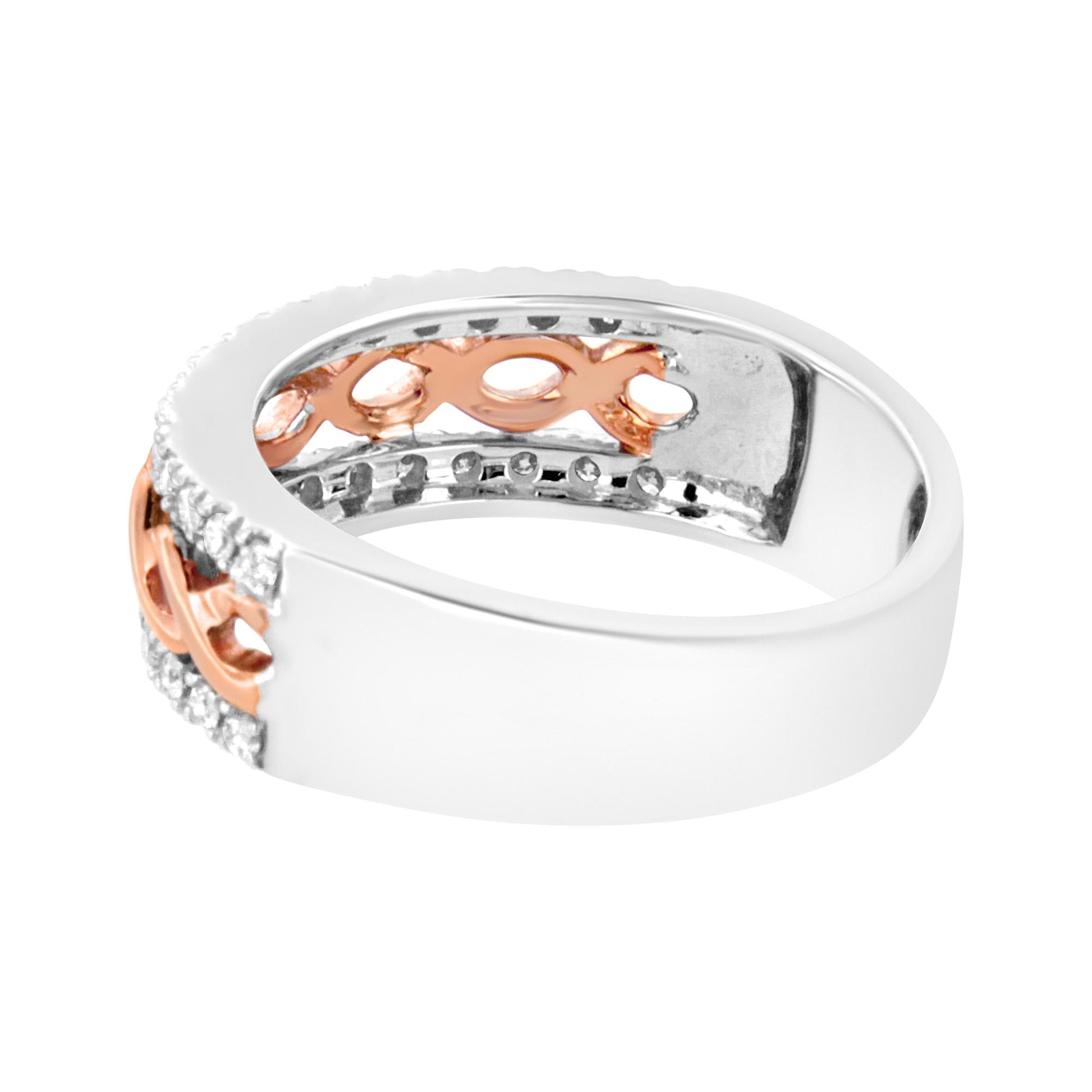 Close-up side angle of a two-tone band ring with white and rose metal, featuring round white gemstones in a prong setting along the outer edge and rose metal cut-out details along the inner band.