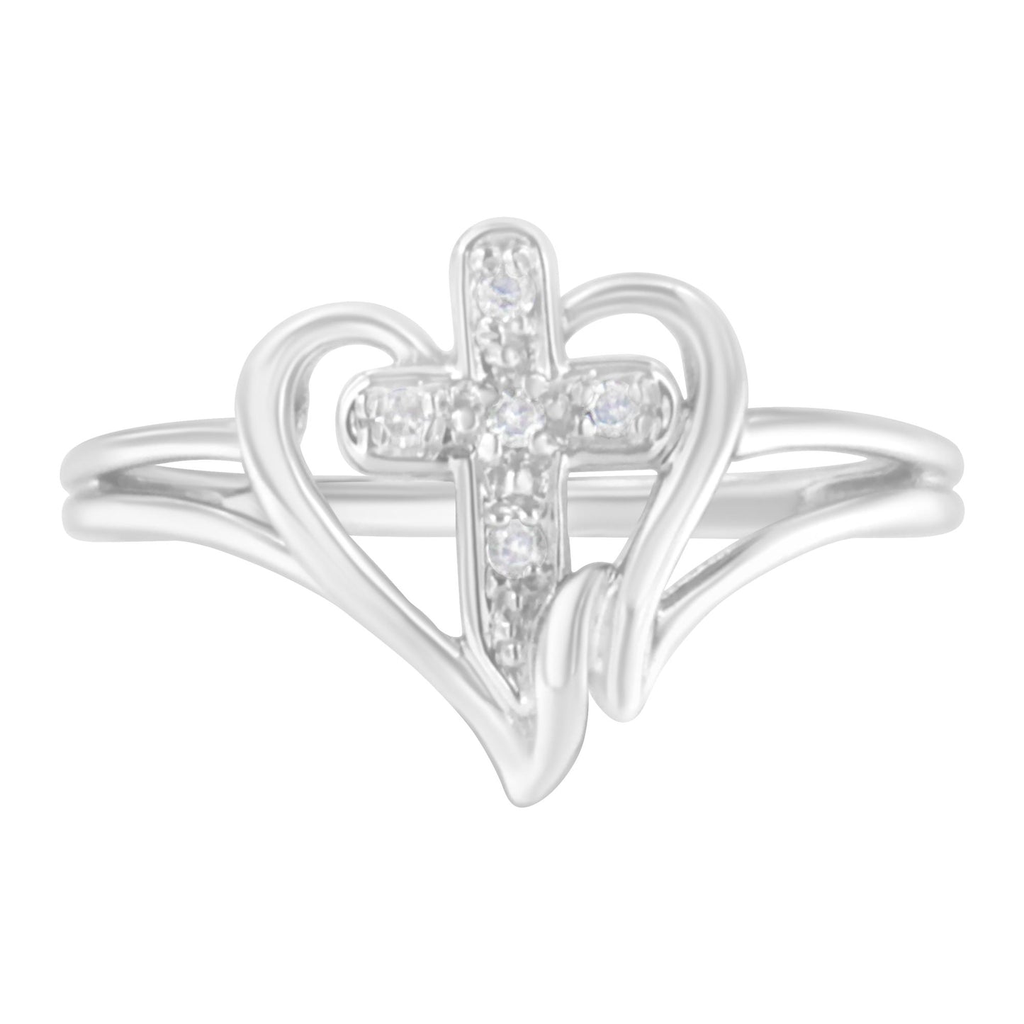 Front angle of a white metal ring with a cross shape adorned with small white gemstones, framed by a heart outline design.