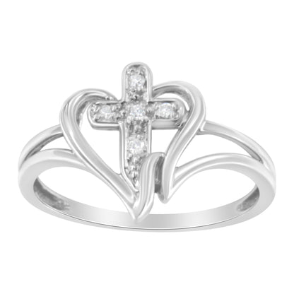 Front angle view of a white metal ring featuring a cross with five round white gemstones in prong settings, entwined with a heart-shaped design.