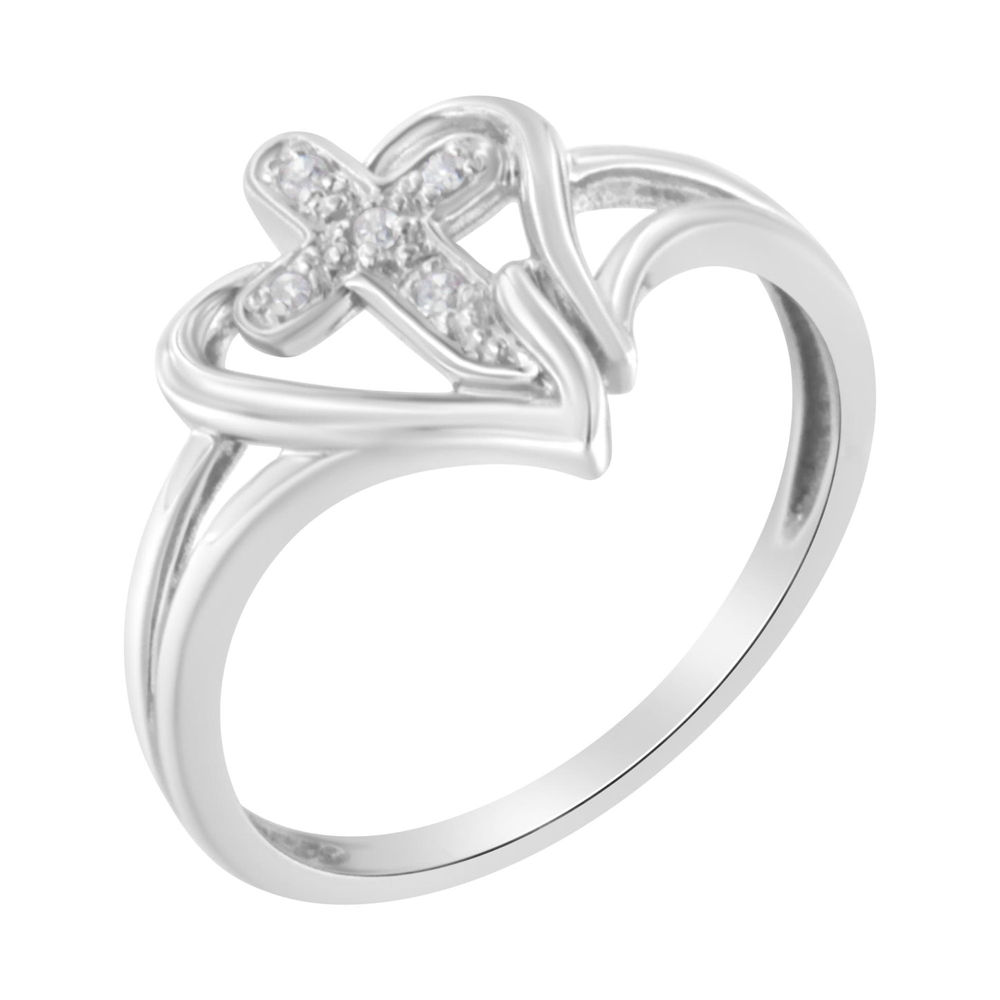 White metal ring with an open heart design encircling a cross set with white round gemstones in prong settings, shown in a front angled close-up.