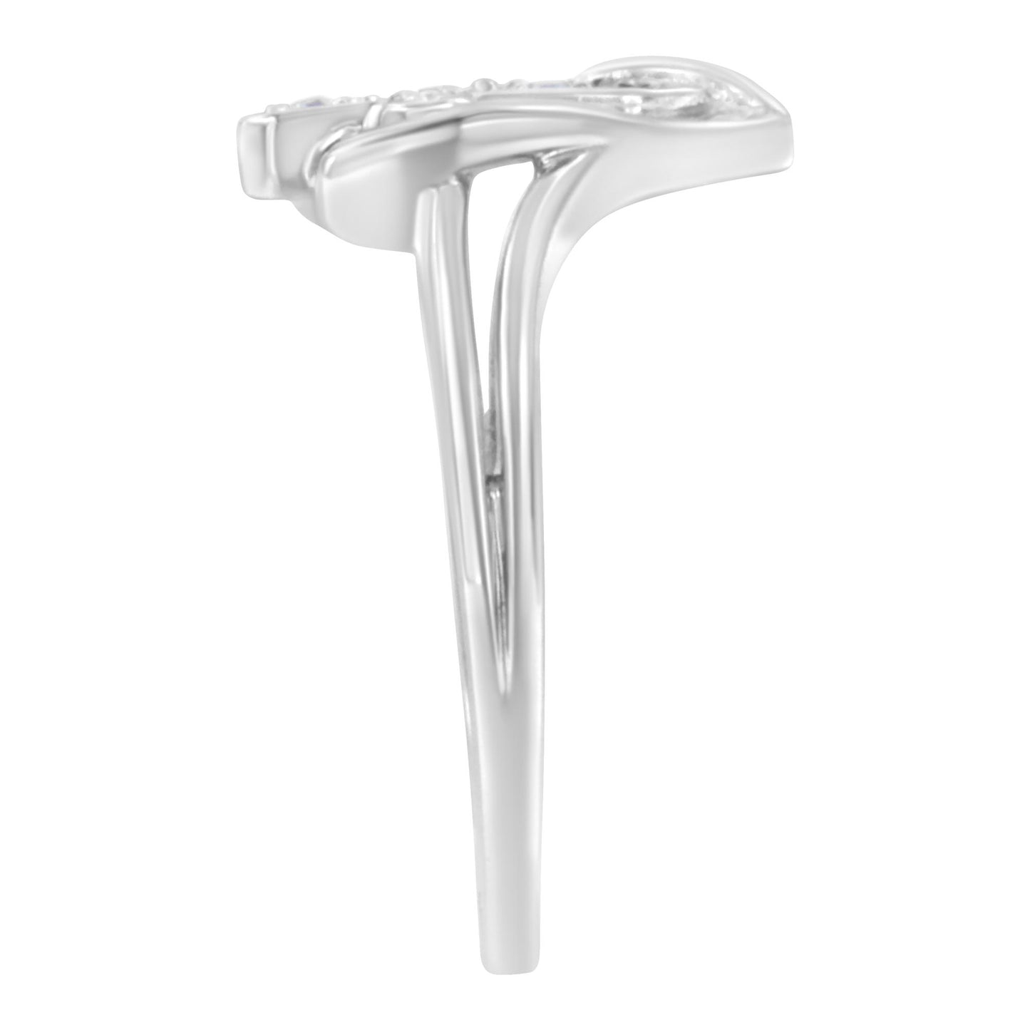 Side profile of a white metal ring featuring five round white gemstones in prong settings, shown against a white background.