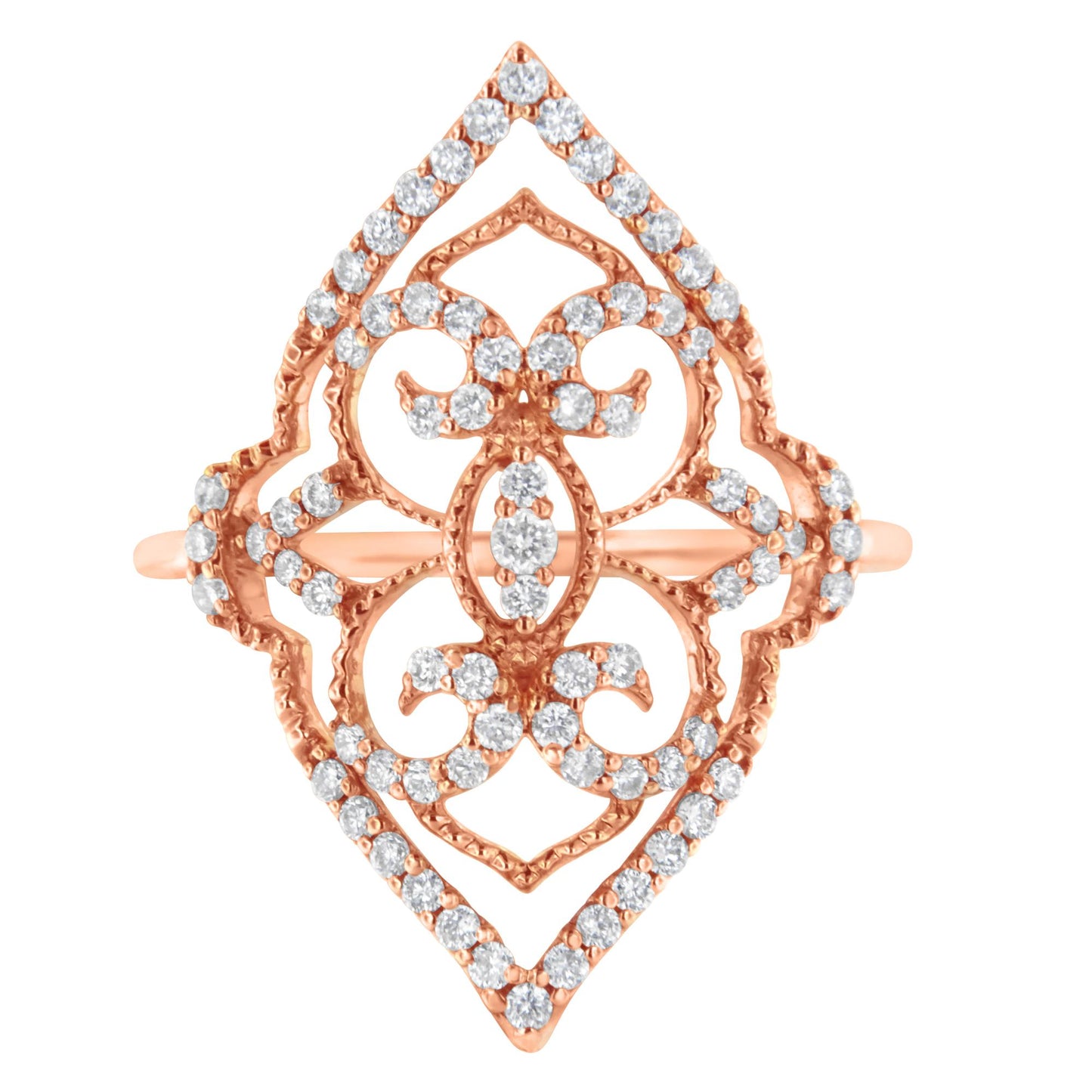 Top-down view of a rose colored metal ring with an openwork design adorned with multiple white round prong-set gemstones.
