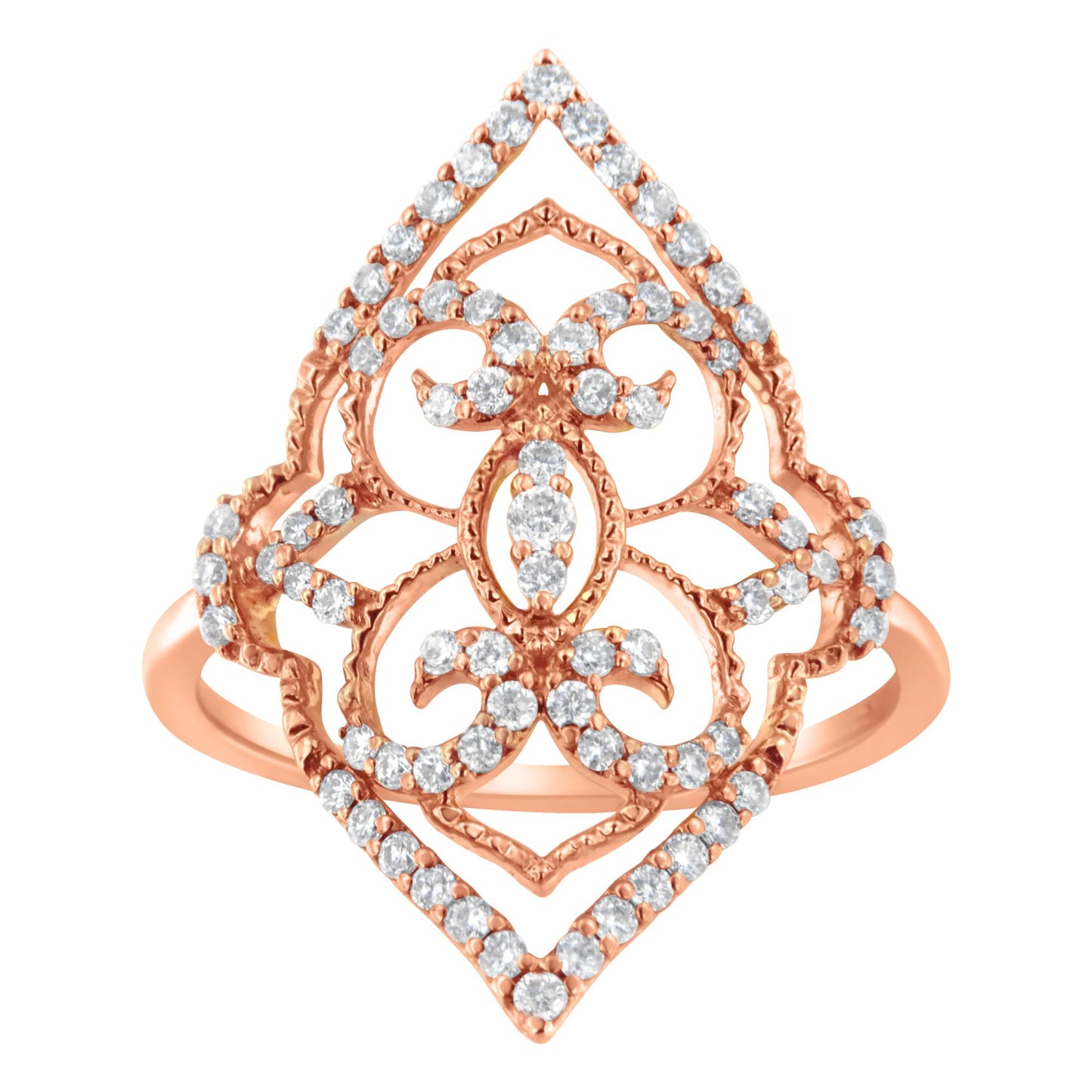 Front-facing shot of a rose-colored ring with an ornate openwork design adorned with multiple white round gemstones in prong settings.