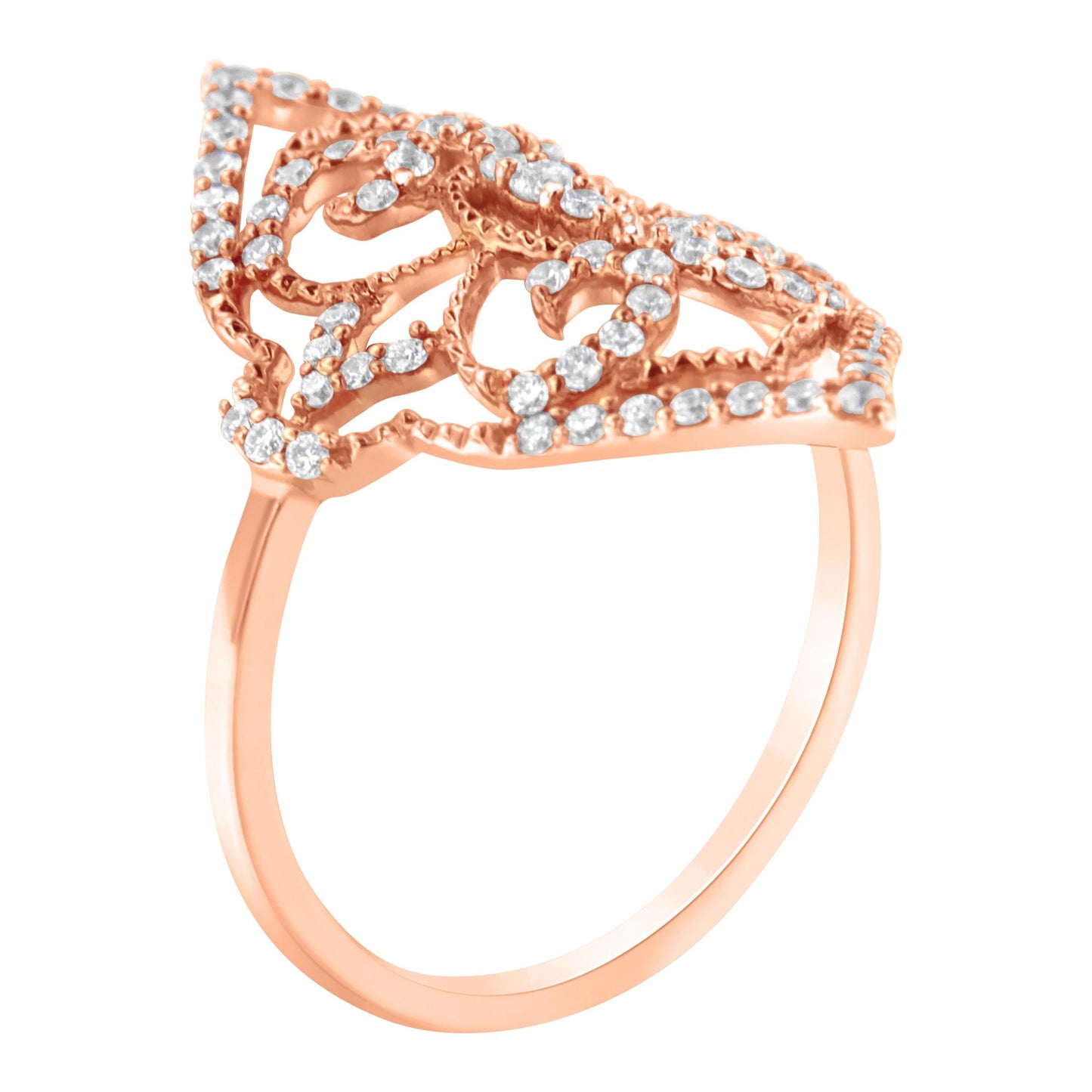 Close-up side angle of a rose metal ring featuring an intricate openwork design adorned with multiple small white round gemstones in prong settings.