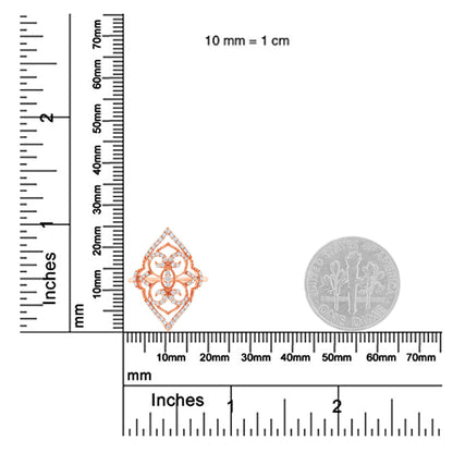 Top-down view of a rose-colored ring with an intricate design featuring multiple small white gemstones, placed on a ruler and scale for size reference next to a dime coin.