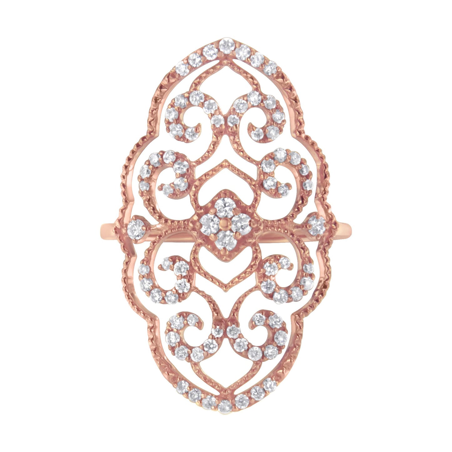 Rose metal ring with an elaborate filigree design featuring multiple clusters of round white gemstones in prong settings, shown in a top-down view.
