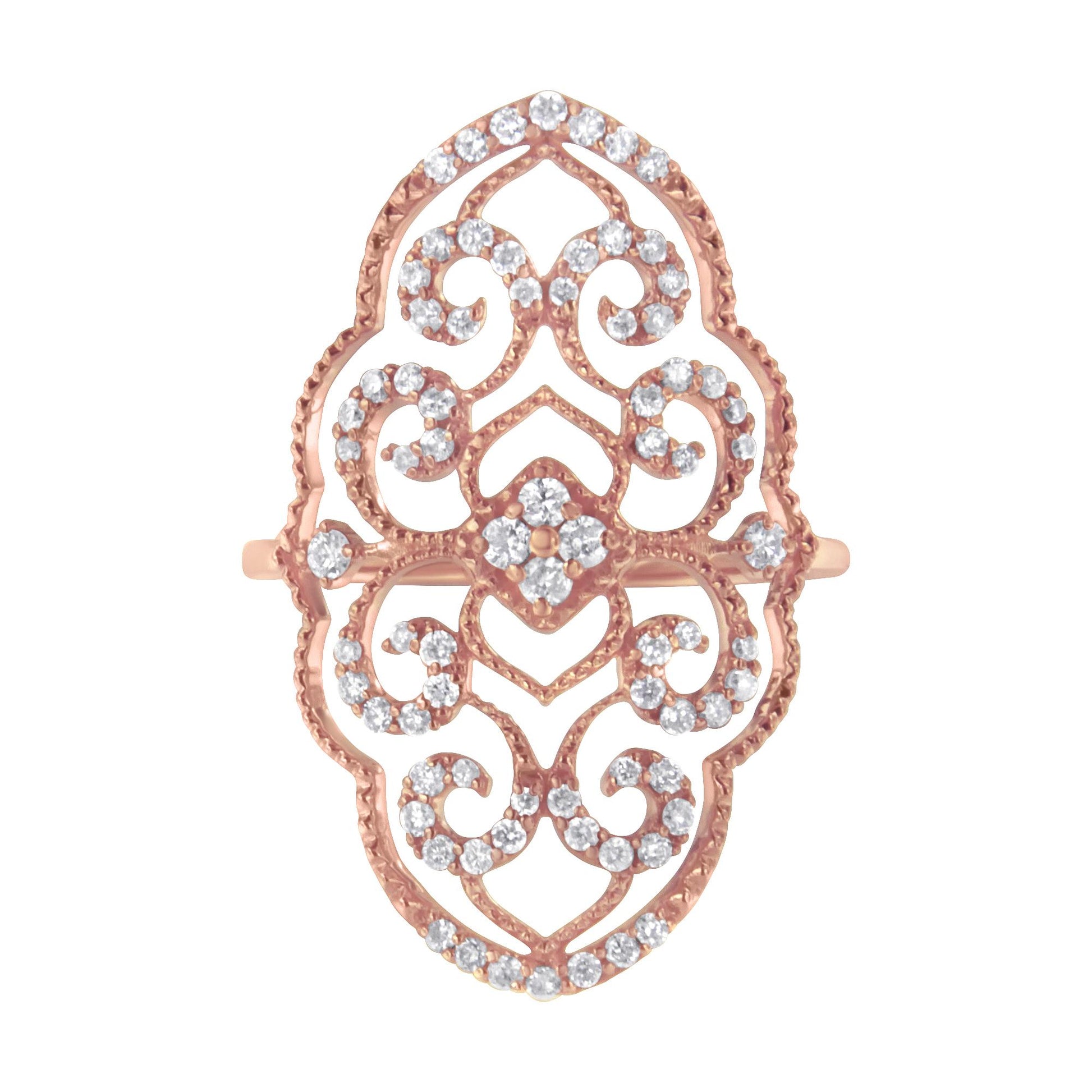 Rose metal ring with an elaborate filigree design featuring multiple clusters of round white gemstones in prong settings, shown in a top-down view.