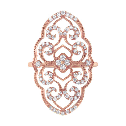 Rose metal ring with an elaborate filigree design featuring multiple clusters of round white gemstones in prong settings, shown in a top-down view.