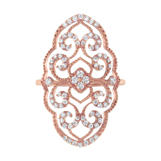 Rose metal ring with an elaborate filigree design featuring multiple clusters of round white gemstones in prong settings, shown in a top-down view.