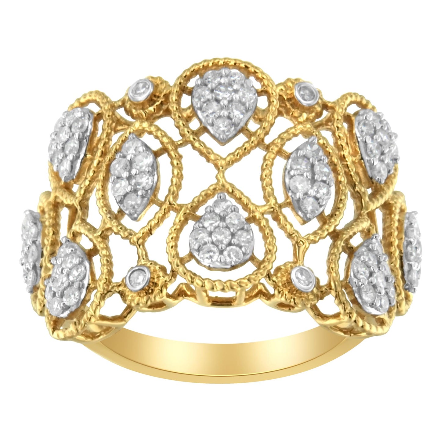 Front close-up of yellow metal ring with openwork design featuring multiple pear-shaped clusters of white gemstones in pave setting.