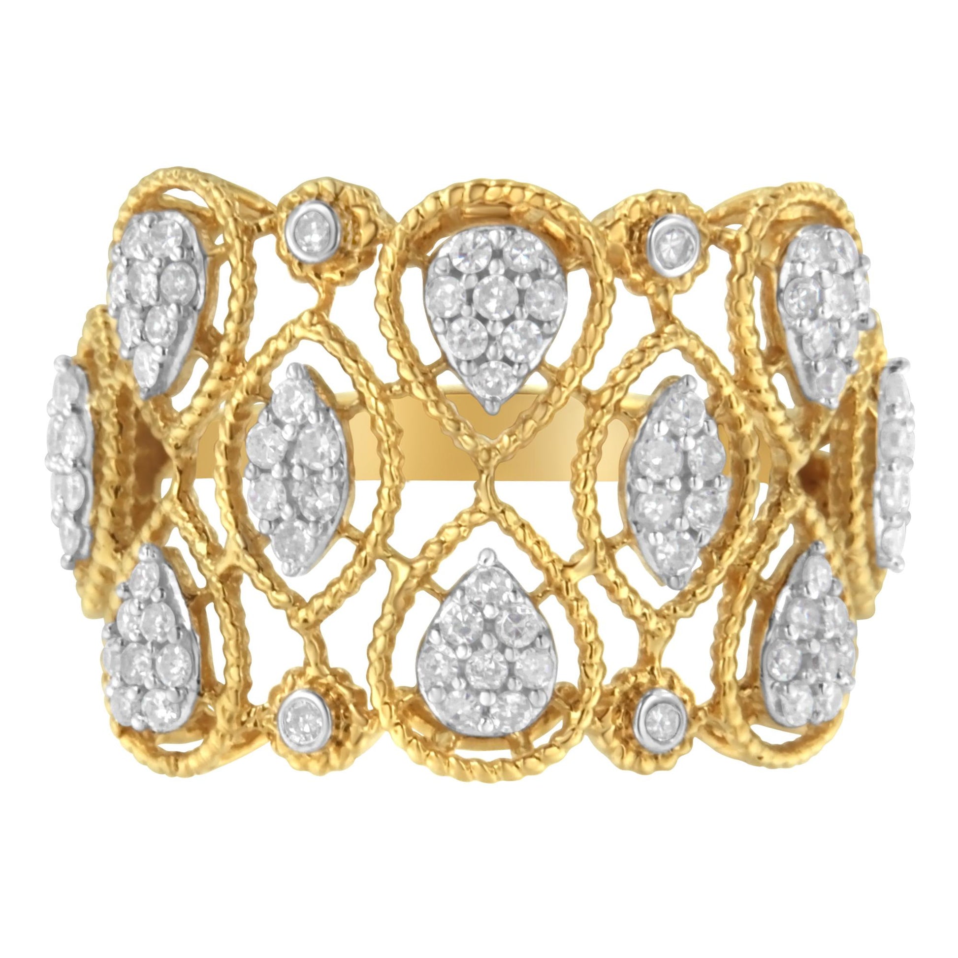 Front-facing shot of a yellow ring with an intricate lattice design, featuring clusters of round white gemstones in pave settings.