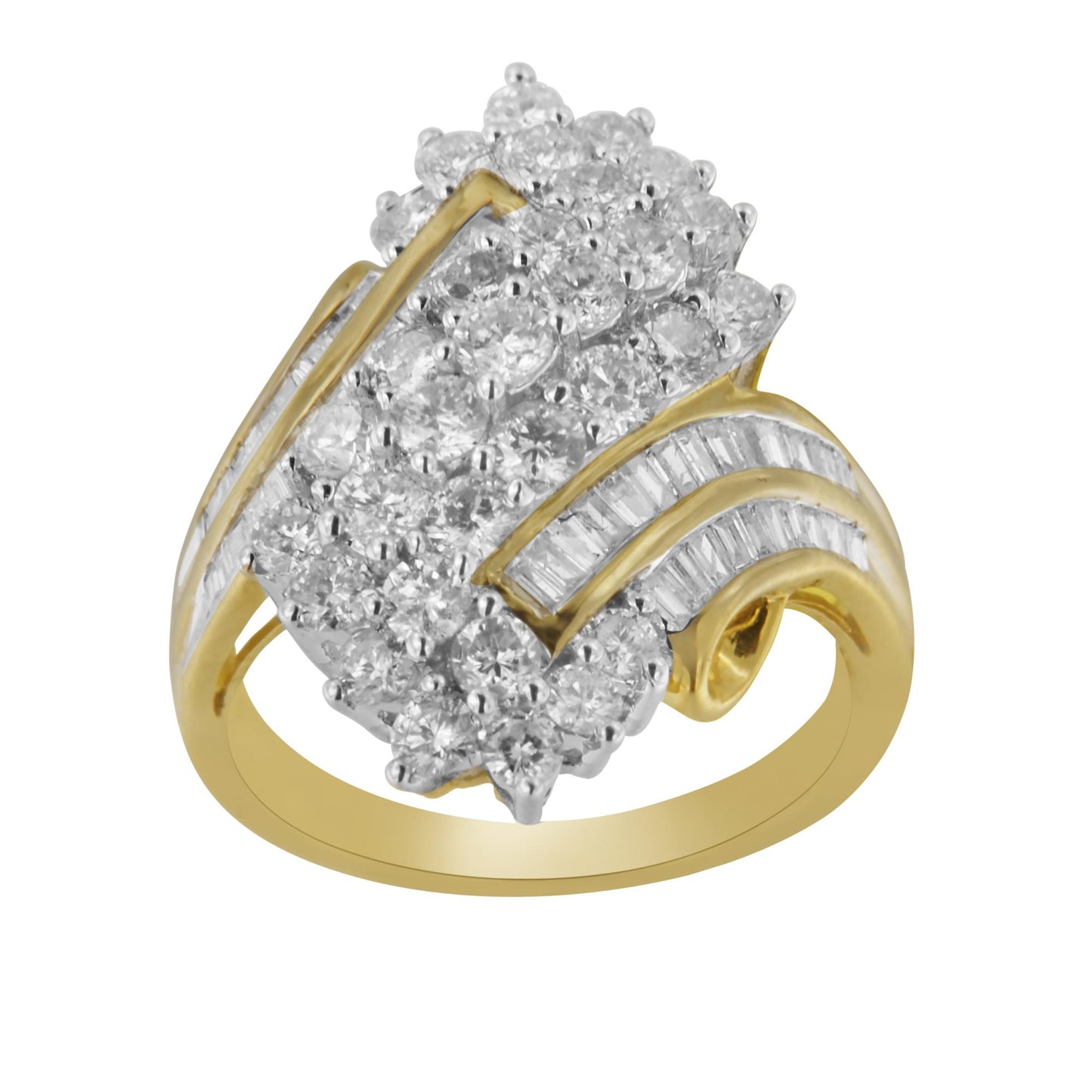 Yellow metal ring with cluster of round white gemstones in prong setting and rows of baguette white gemstones in channel setting, shown at a slight angle.