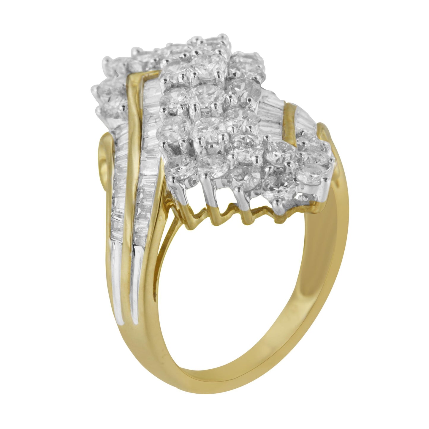 Yellow band ring with cluster of prong-set round white gemstones and channel-set baguette white gemstones, shown in angled close-up.