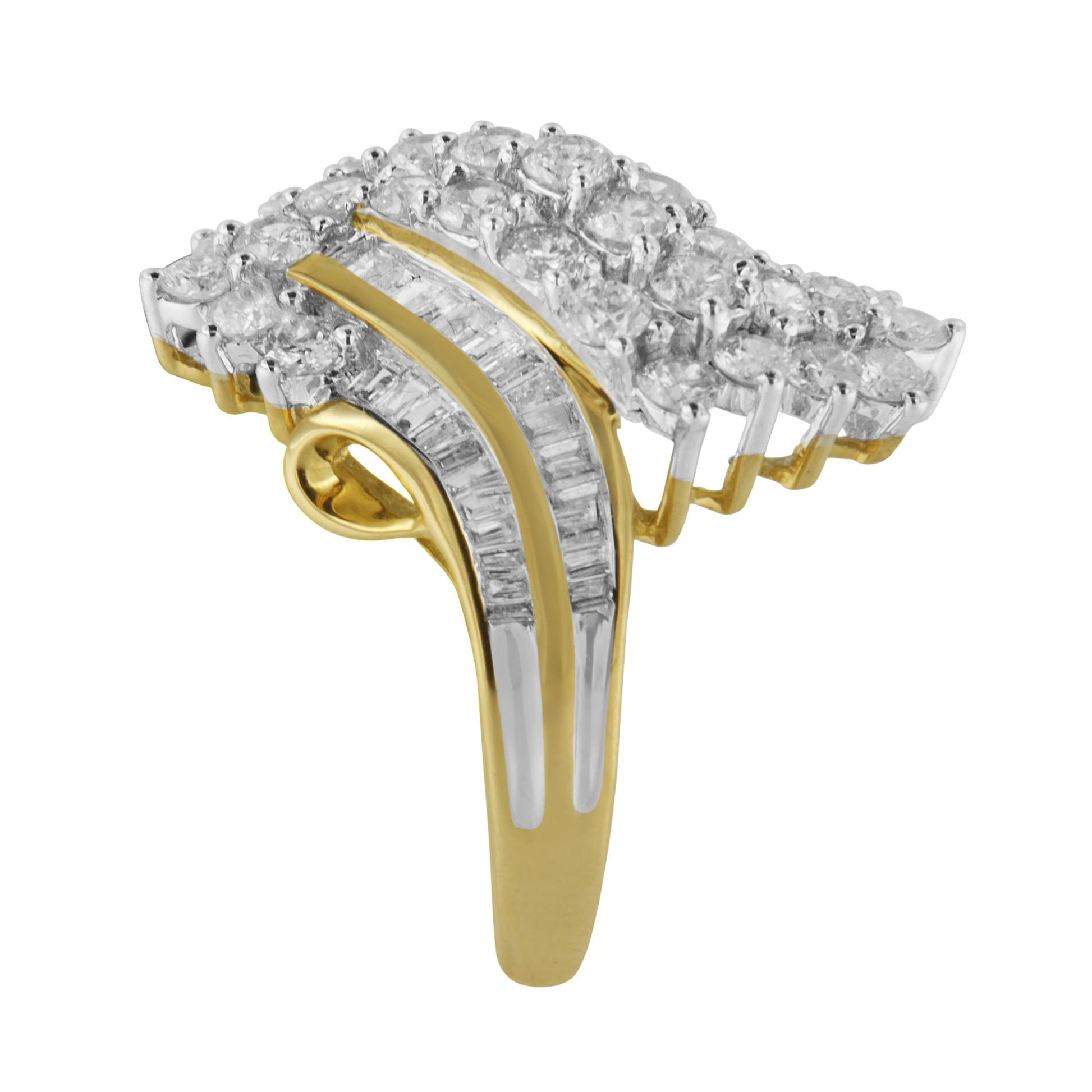 Close-up angled view of a yellow metal ring featuring a cluster of round white gemstones in prong setting and two rows of baguette-shaped white gemstones in channel setting along the band.