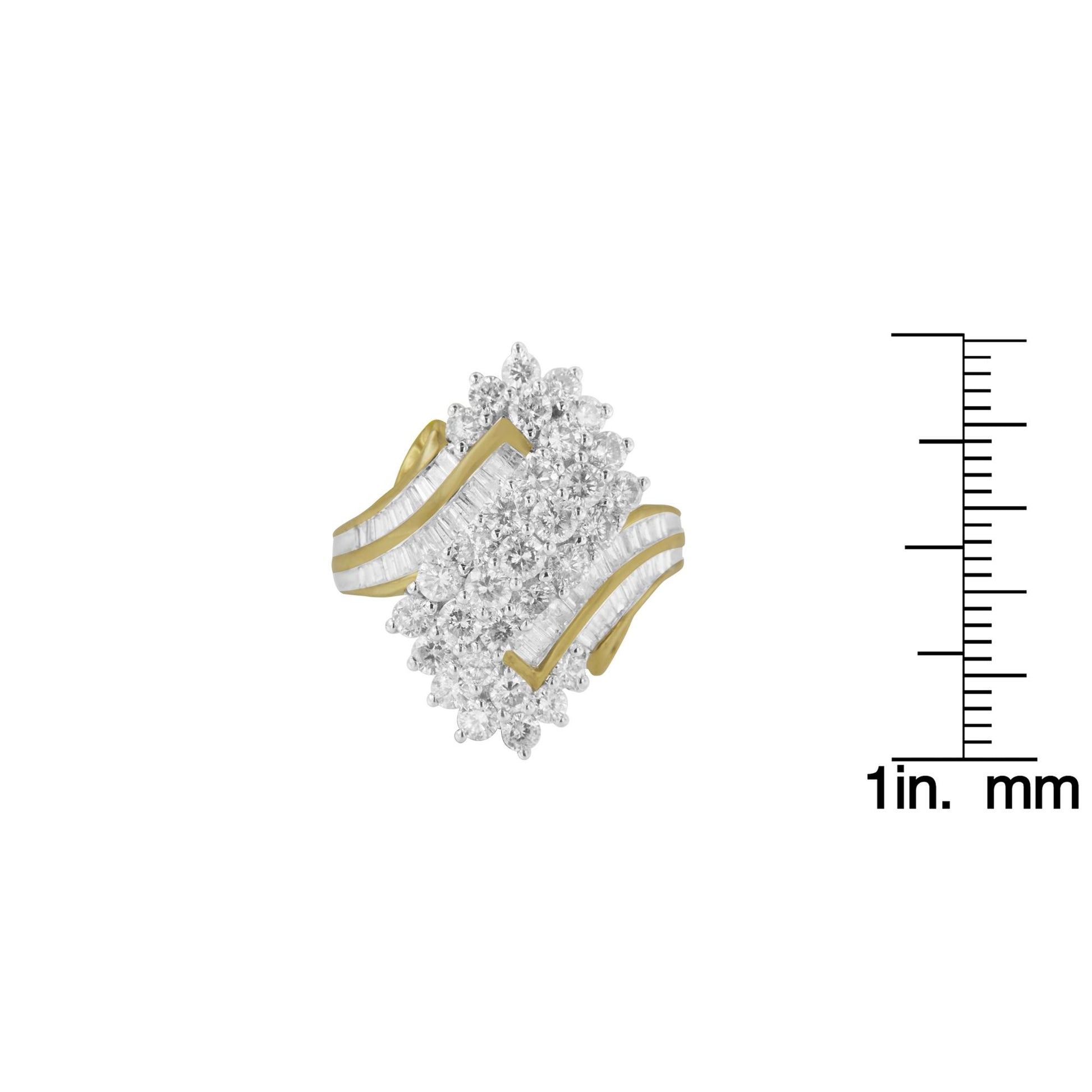 Yellow metal ring with clustered round white gemstones in prong setting at center, flanked by two rows of channel-set baguette white gemstones on each side, shown from a top angle next to a ruler for size reference.