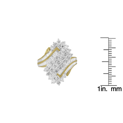 Yellow metal ring with clustered round white gemstones in prong setting at center, flanked by two rows of channel-set baguette white gemstones on each side, shown from a top angle next to a ruler for size reference.