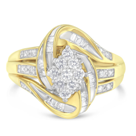 Front angled view of a yellow metal ring featuring a cluster of round white gemstones in prong settings at the center, surrounded by swirling bands of yellow and white metal accented with channel-set baguette white gemstones.