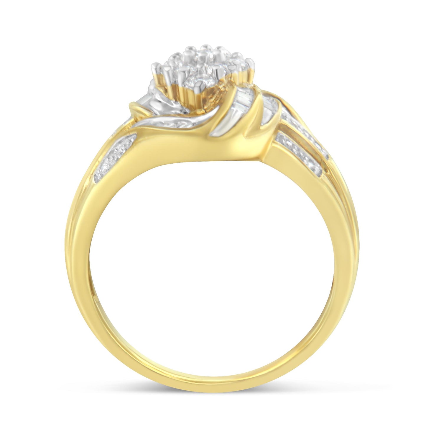 Yellow metal ring with a central cluster of round white gemstones in prong settings, accented by baguette white gemstones in channel settings along the band, shown in a front angle view.