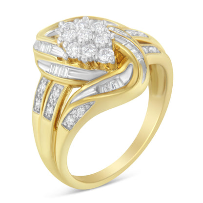 Yellow metal ring with round white gemstones in prong setting and baguette white gemstones in channel setting, shown in a front angle view.