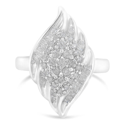 Front angle view of a white ring featuring a cluster of round white gemstones in prong settings at the center, flanked by rows of baguette-shaped white gemstones in channel settings along flowing metal ribbons.