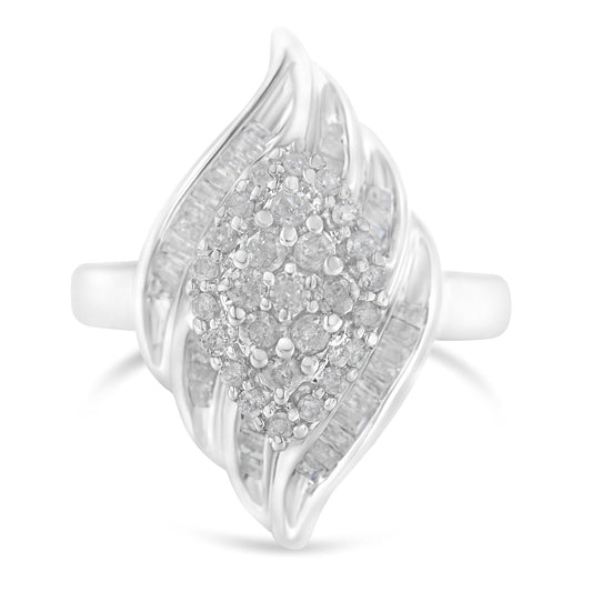 Front angle view of a white ring featuring a cluster of round white gemstones in prong settings at the center, flanked by rows of baguette-shaped white gemstones in channel settings along flowing metal ribbons.