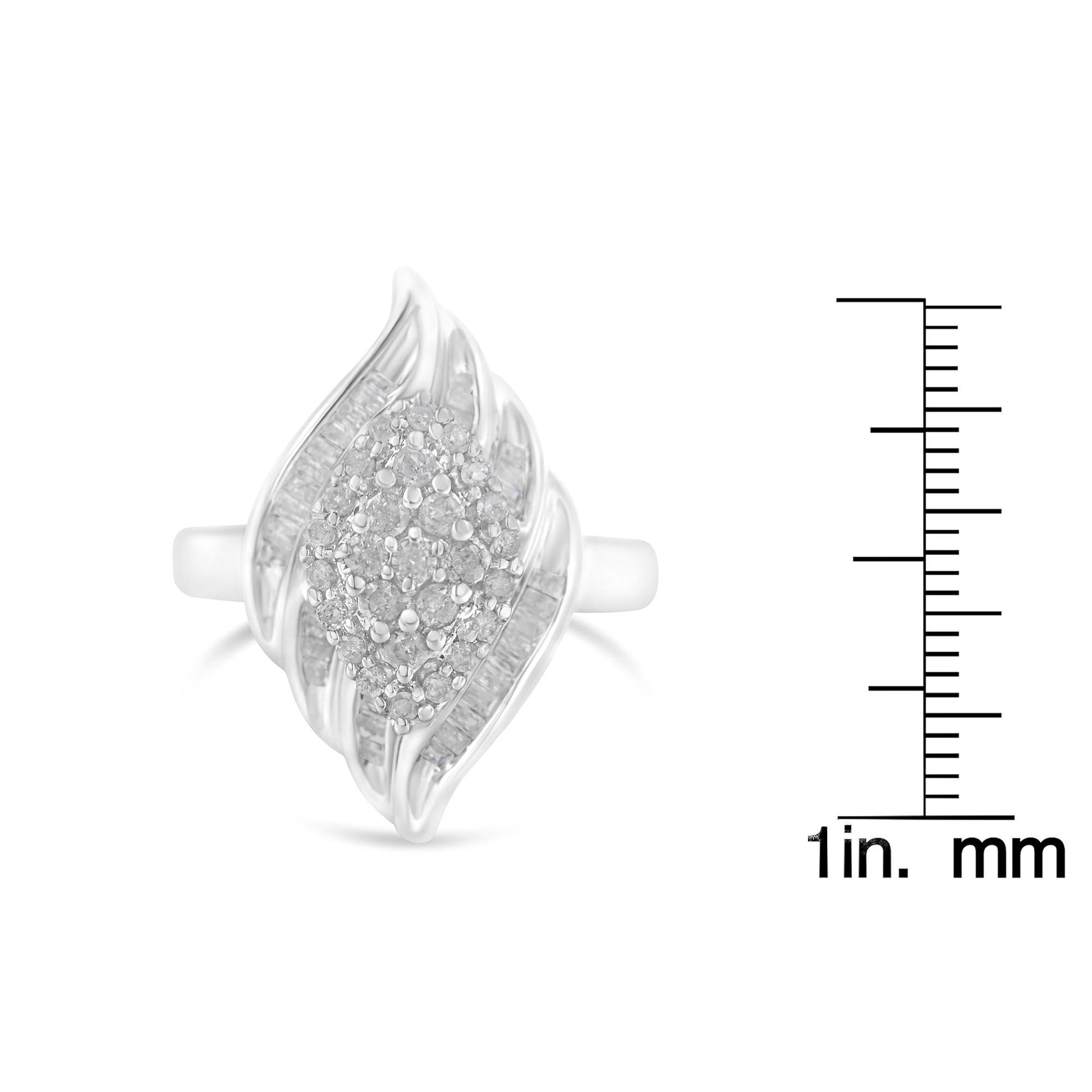 Front view of a white metal ring with a marquise-shaped design featuring two rows of channel-set baguette white gemstones on the sides and a central cluster of prong-set round white gemstones, shown next to a ruler for size reference.