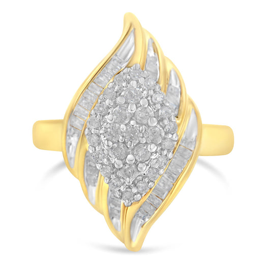 Front angle of a yellow metal ring featuring a cluster of round white gemstones in prong settings at the center, surrounded by wavy bands set with channel-set baguette white gemstones.