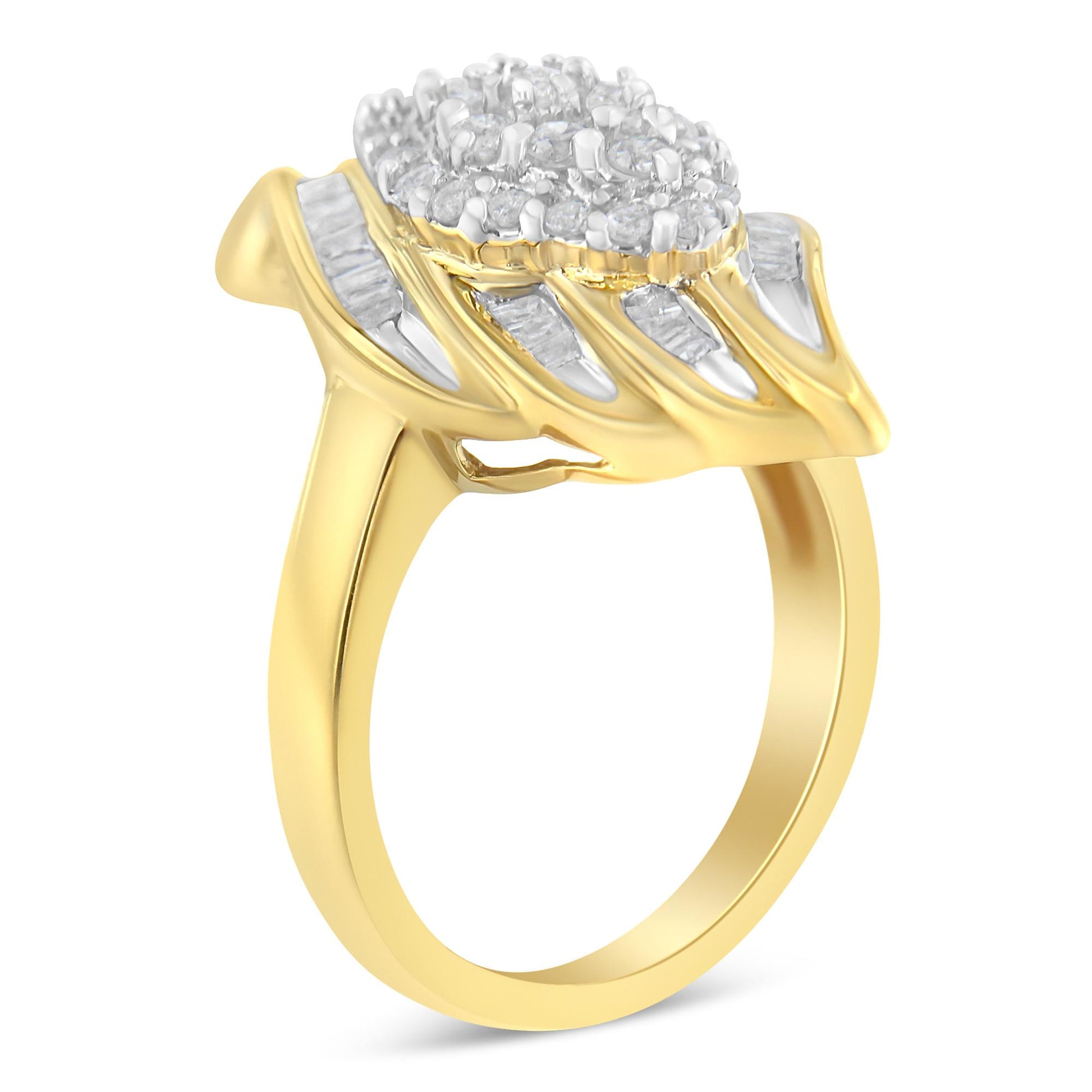 Yellow metal ring shown from an angled side view featuring a cluster of white round gemstones in prong settings surrounded by white baguette gemstones in channel settings.