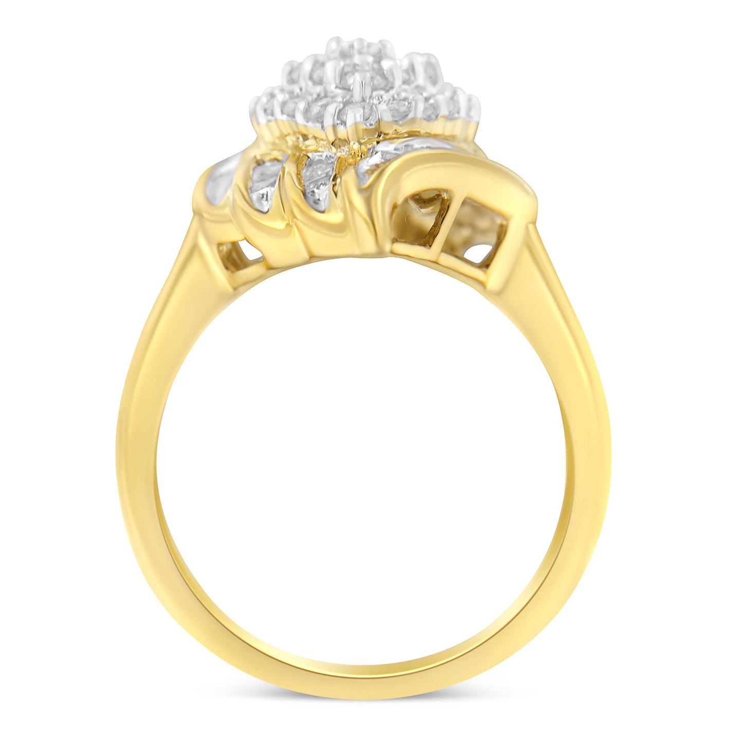 Yellow metal ring with round white gemstones in prong settings and baguette white gemstones in channel settings, shown from the side angle.
