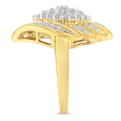 Side view of a yellow ring featuring a cluster of round white gemstones in prong settings and baguette-shaped white gemstones in channel settings along the band.