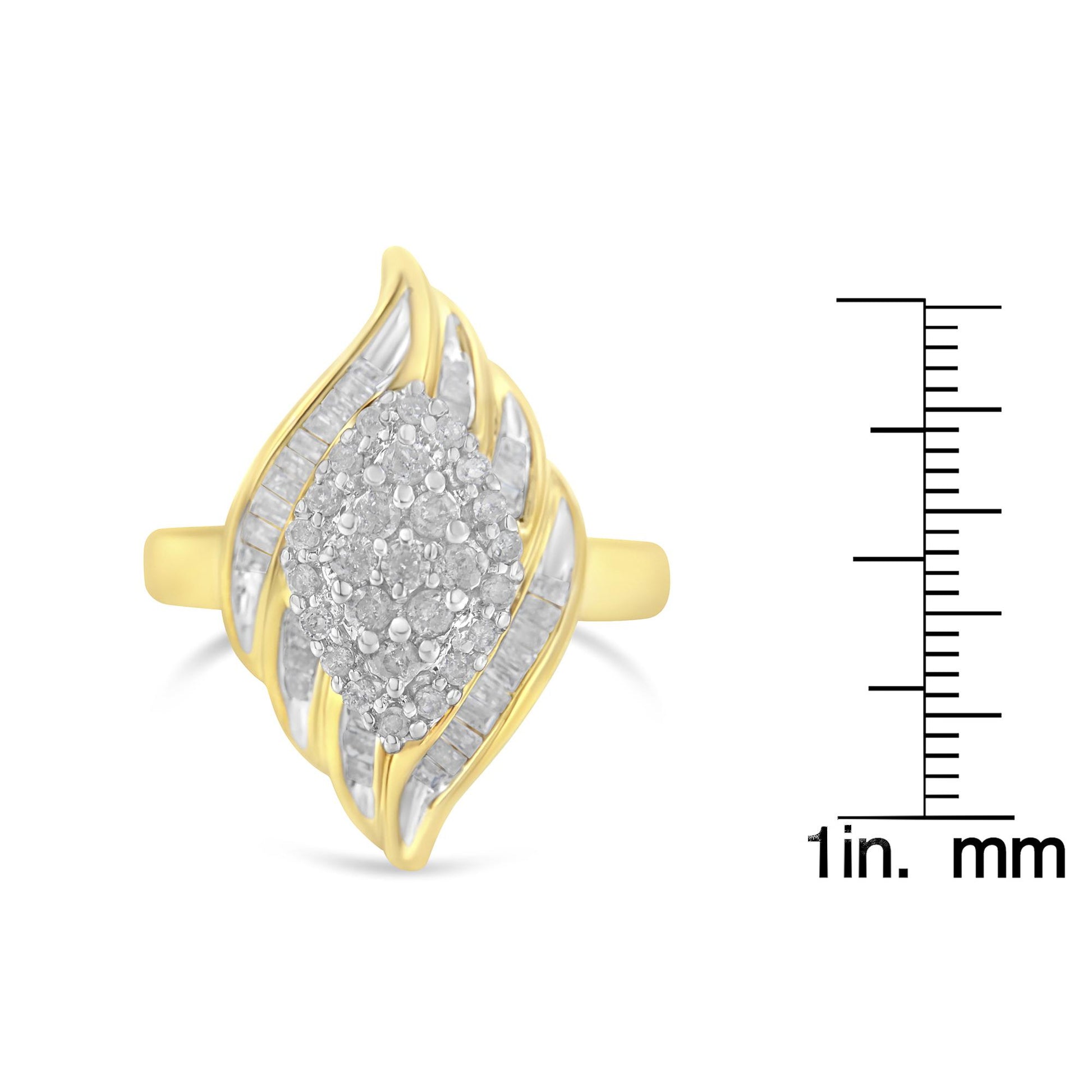Front-facing angled view of a yellow metal ring with clustered round white gemstones in prong settings at the center, surrounded by rows of white baguette-shaped gemstones in channel settings, shown next to a ruler for size reference.