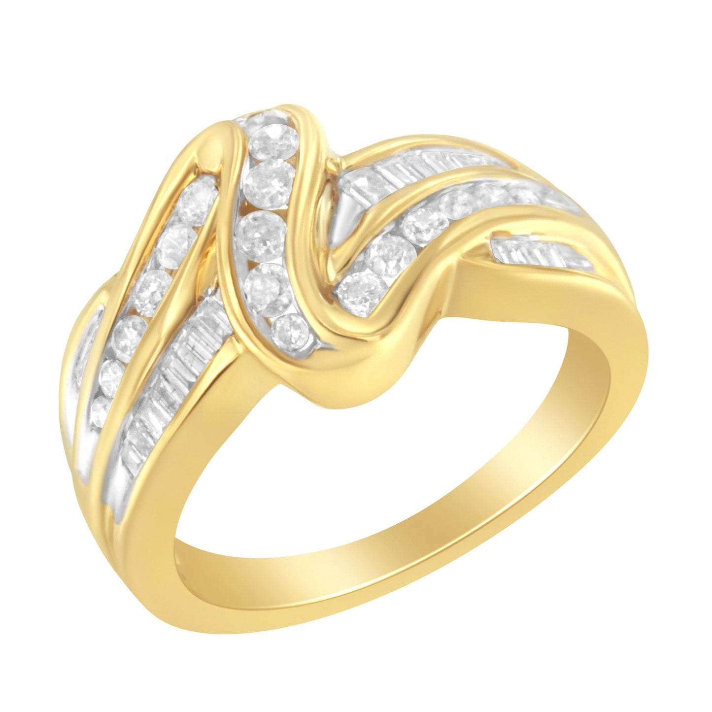 Yellow metal ring with intertwined bands set with round and baguette white gemstones in channel settings, shown in a front angle view.